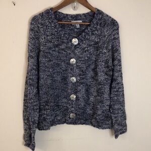 WindRiver boho Blue White Knit Sweater V neck pearlescent she’ll buttons SZ Med